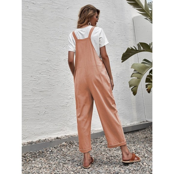 Suspender Style Overalls Wide Leg Jumpsuit with pockets boho olive green - Picture 6 of 11